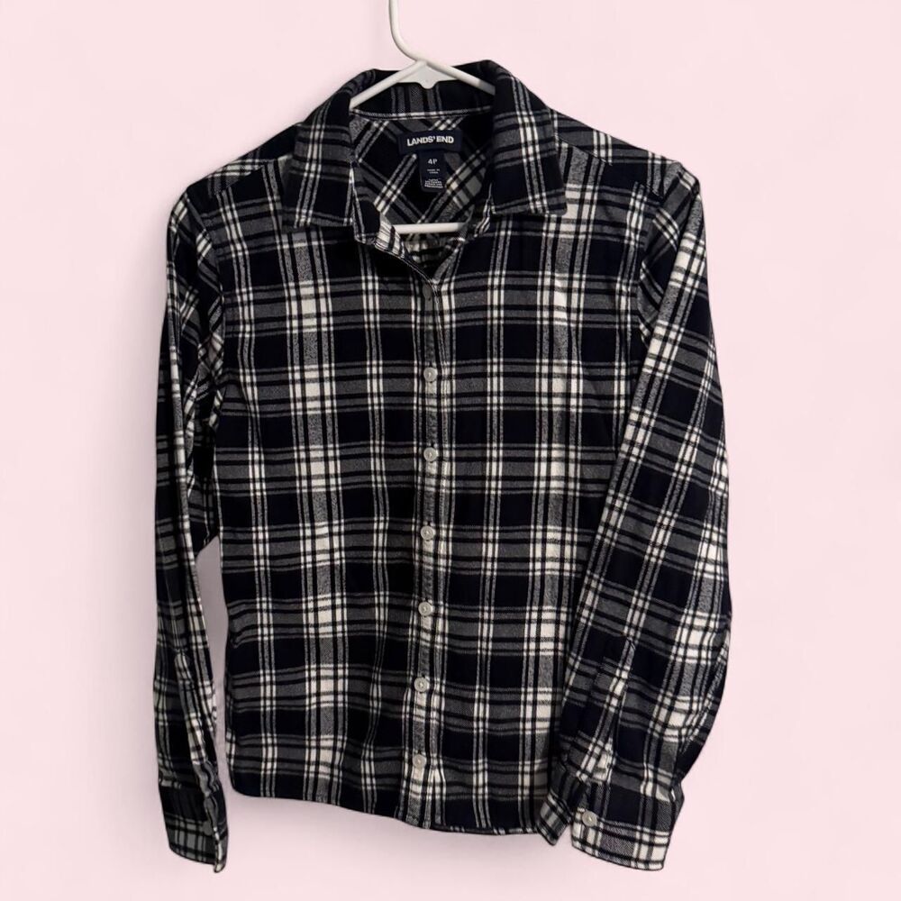 Lands End Button Up Womens 4P Black White Plaid Flannel Long Sleeve Soft